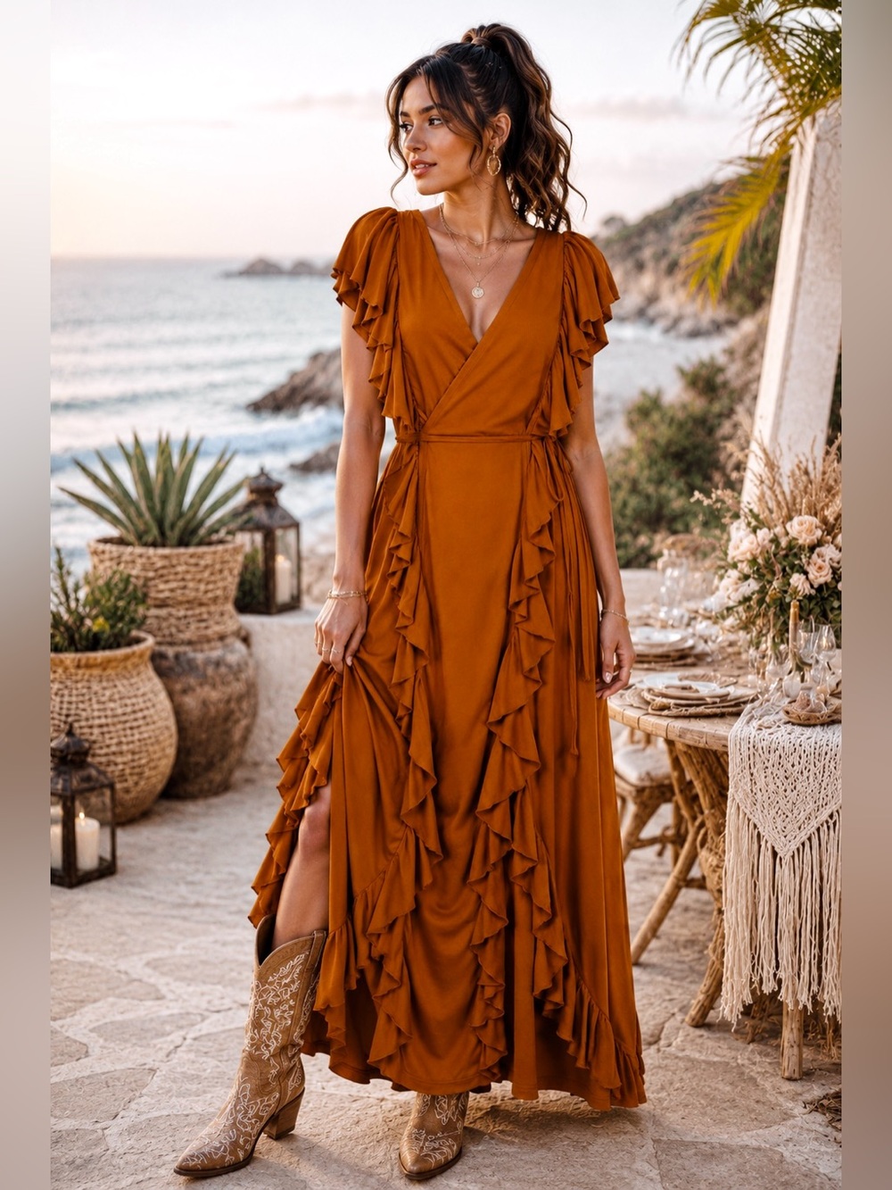 Joyfolie Nivie Wrap Ruffle Maxi Dress Clove Rust Boho NWT XL